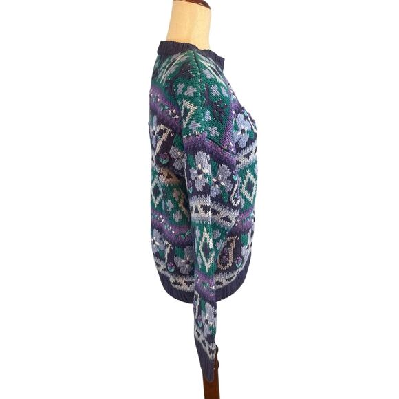 Vintage 80's Sweater Hand Embroidered Portraits by Northern Isles Petite Large - Picture 4 of 6